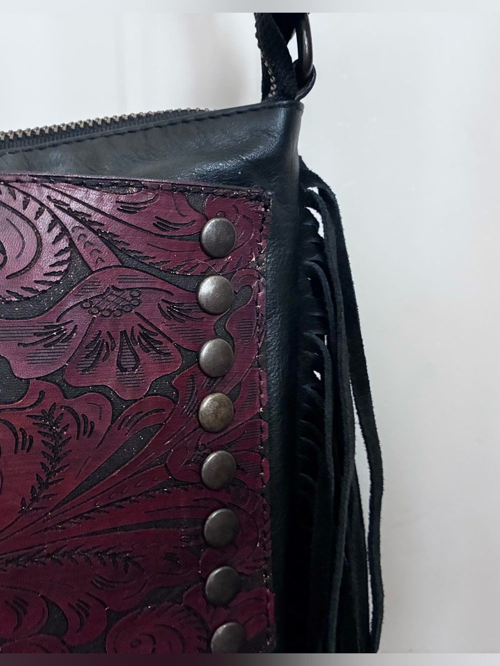 Fringed Tooled Leather Crossbody Bag - Black & Burgundy - Picture 4 of 10